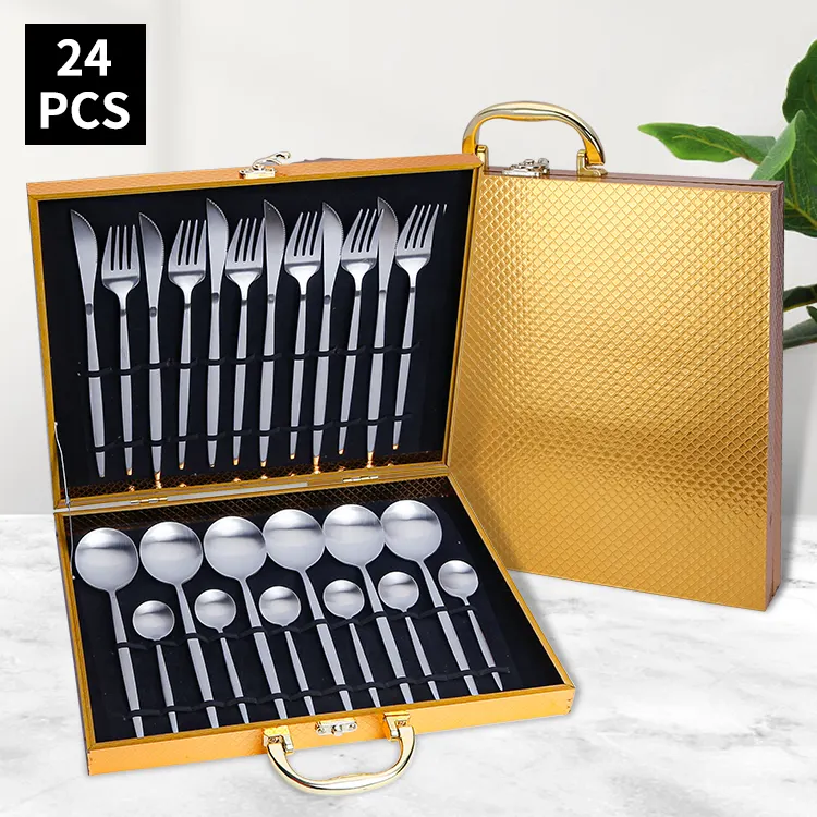 Stainless Steel Luxury European Gift Box 410 Spoon Fork Knife 24 Pcs Home Wedding Sterling Silver Cutlery