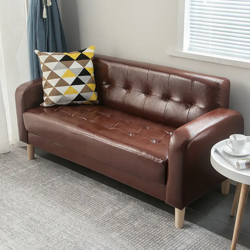 Großhandel Sofa Komfortable Tan Leder gepolstert Doppels ofa Holzbeine Kleine Sofas für kleine Räume