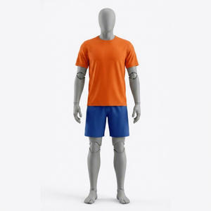 Conjunto Deportivo de Verano para Hombre, Camiseta de Manga Corta con Cuello Redondo Naranja y Pantalones Cortos con Cintura Elástica Azul, Color Sólido, Poliéster - Product Image 1