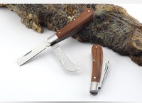 Meilleure vente sécateur de jardinCouteau de greffage à double lame Manche en bois massif Lames incurvées Couteau d'élagage Couteau pliant en herbe
