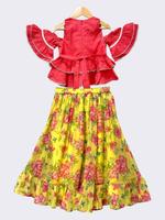 Twisha - Haut en coton tissé à manches courtes orné de motifs avec Lehenga imprimé - Corail et Jaune