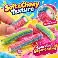 Bonbons gélifiés acidulés en forme de vers de dessin animé, saveur fruitée, fourrés à la poudre, à rayures arc-en-ciel, pour la vente en gros OEM