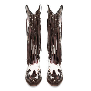 WETKISS özel Trendy topuklu ayakkabı inek baskı diz yüksek çizmeler Punk perçinler Cowgirl çizmeler saçak kovboy çizmeler ile püskül - Product Image 3