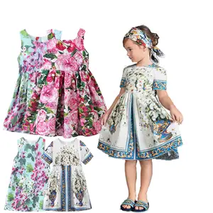 Diseño niños princesa vestido de lujo niños flor niña vestidos OEM personalizado colorido niña Floral verano Lino vestido de baile medio soleado