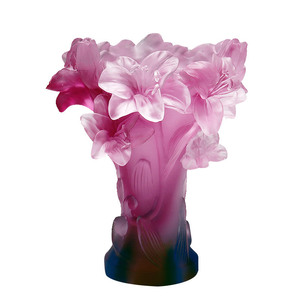 Pink Multicolor Lily Relief Pate De Verre Vase Handcrafted Art Glass Flower Vase For Home Decor And Floral Arrangements - Product Image 5