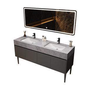 Ensemble de meubles de salle de bain modernes à double vasque pour toilettes publiques, meuble-lavabo mural en marbre, résistant à l'eau, facile à nettoyer, style ferme - Product Image 1