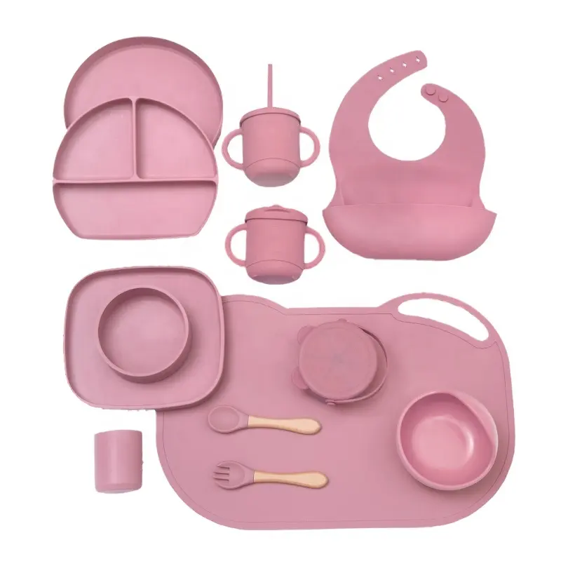 Kualitas tinggi tidak ada tumpahan lembut bayi sendok makan air Sippy Cup silikon pengisap mangkuk piring cangkir bayi cukin untuk bayi