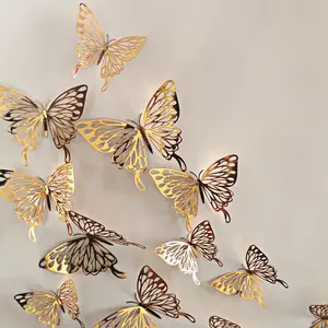 12 шт. золотые Переводные картинки в виде бабочек с вырезами, 3D наклейки в виде бабочки, блестящие художественные фрески для стен или вечеринок, украшения KD110