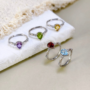 8 bagues simples en argent 925 avec cristaux en forme de goutte d'eau de 6*8 mm, réglables, en pierre naturelle, plaquées rhodium, brossées, bijoux de créateur pour femmes - Product Image 5