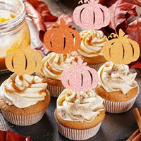Décorations de cupcakes d'automne, pics à cupcakes pailletés rose et orange en forme de citrouille, décorations de gâteaux en forme de citrouille pour les fournitures de fête d'automne et de Thanksgiving