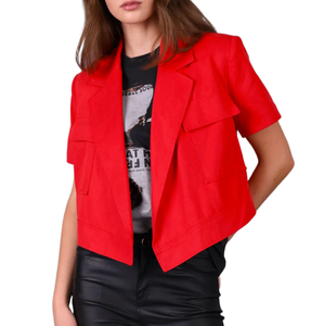 Manteau court rouge pour femme à manches courtes, col à revers cranté, poches utilitaires, ouverture frontale, style décontracté chic pour le bureau et le streetwear - Product Image 1