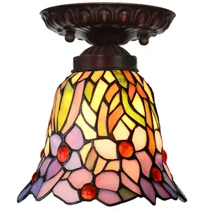 Tiffany-Stijl Kleurrijk Gebrandschilderd Glas Voor Restaurant Decoratief Oppervlak Gemonteerd Led Tiffany Vintage Plafondlamp