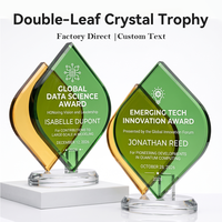 Trophée en cristal vierge en forme de feuille dégradé jaune-vert, grande surface de gravure, écologique, récompense d'entreprise, vente chaude