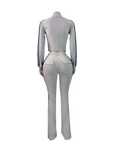 Viviblook Z1209ST10 Ensemble de survêtement pour femme en velours, veste cardigan zippée, pantalon évasé à cordon de serrage et rayures latérales, deux pièces, grandes tailles - Product Image 4