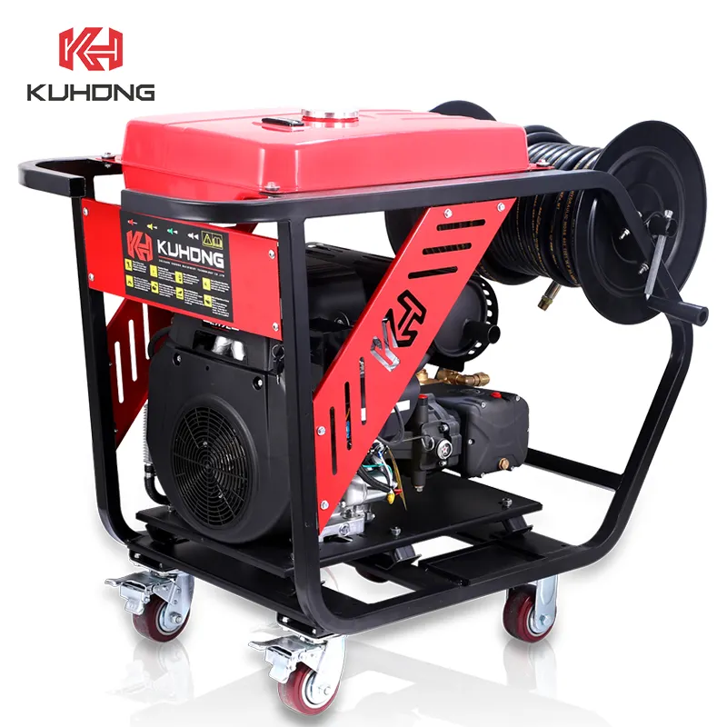 Kuhong QE เครื่อง Jetter ท่อระบายน้ำ,เครื่องทำความสะอาดท่อระบายน้ำดีเซลเบนซิน17hp-37hp เครื่องฉีดน้ำแรงดันสูง