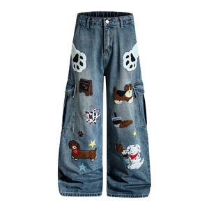 Pantalon <span class=keywords><strong>de</strong></span> <span class=keywords><strong>travail</strong></span> pour homme en denim brodé, taille mi-haute, coupe large, style streetwear décontracté, avec imprimé cartoon, tissé, style industriel lourd, ODM, pour l'hiver - Product Image 5