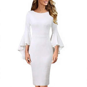Elegant White Solid Lace Woven Pencil Dress O-Neck <b>Three</b> Quarter Ruffle Sleeve Mini Regular Casual Wear for Women - Product Image 3