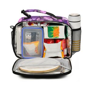 Portable Eco-friendly Purple Butterfly Pattern Custom Logo 2 Persons Kids Thermal <b>Insulated</b> <b>Lunch</b> Bag Zipper Adjustable Strap - Product Image 5