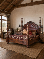 Lit à baldaquin king size en bois massif de luxe, design classique européen sculpté à la main, tête de lit rembourrée en cuir, meubles