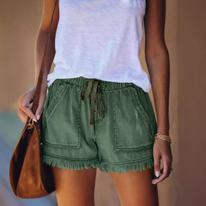 Short en jean élastique taille haute décontracté pour femmes avec ourlet effiloché et poches motif court chaud coupe ample - Product Image 4