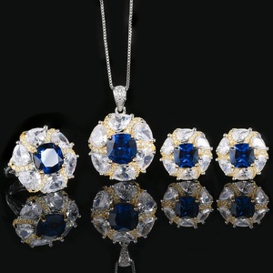 Fashion Eco-friendly Copper 10-8MM Blue Cubic Zirconia Temperament Pendant Necklace and <b>Earring</b> Set for Women - Product Image 3