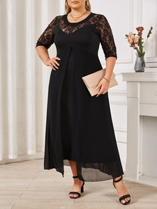 Nouveau design de mode d'<span class=keywords><strong>été</strong></span> Dentelle florale <span class=keywords><strong>noire</strong></span> Col rond Demi-manches Minceur Robes longues grande taille pour femmes - Product Image 6