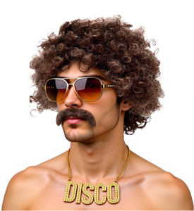 Accessoires de tenue des années 1970 : <span class=keywords><strong>Perruque</strong></span> afro brune avec filet à cheveux, fausse moustache, collier disco doré, lunettes de soleil vintage, fête sur le thème du disco - Product Image 1