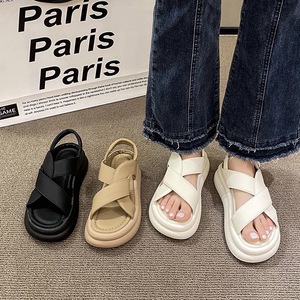 Black Faux Leather Platform Sandals Open Toe Flat Heel Cushioned Slip-On Summer Women's <b>Shoes</b> - Product Image 2