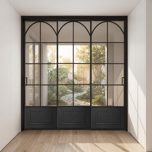 Puerta Corredera Manual Minimalista de Estilo Francés Retro, Puerta de Vidrio de Tres Paneles para Sala de Estar y Cocina, Puertas Arqueadas Interiores - Product Image 1