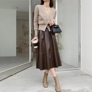 Nouvelle mode de jupes longues <span class=keywords><strong>en</strong></span> <span class=keywords><strong>cuir</strong></span> véritable noir taille haute grande taille pour femmes - Product Image 1