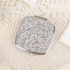 Bling Rhinestone <b>Square</b> Compact <b>Mirror</b> Rounded Edge Silver Electroplated Metal Frame Dual Sided HD Glass Pocket <b>Mirror</b> - Product Image 4