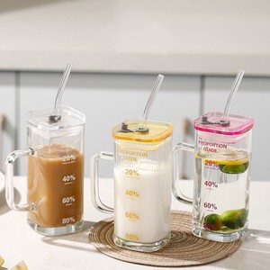 Gobelet d'été domestique en verre transparent avec graduations, pour boissons glacées, avec paille et couvercle, tasse à café - Product Image 2