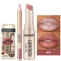 Coffret de luxe doré : Rouge à lèvres mat et crayon à lèvres, longue tenue, waterproof, hydratant, correcteur, couleur nude