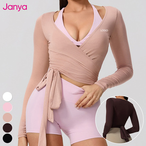 Atasan Olahraga Wanita Janya Berkualitas Tinggi, Bahan Bernapas, Cepat Kering, untuk Tari, Kebugaran, Latihan Gym, Lengan Panjang, Model Ballet Wrap, Kaos Yoga - Product Image 1