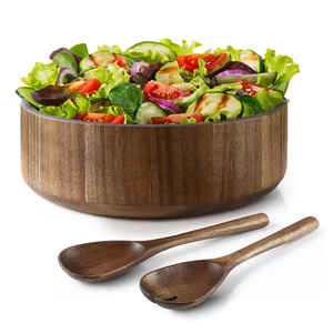 Tazón redondo grande de madera de acacia maciza de <span class=keywords><strong>12</strong></span> pulgadas, tazón para ensaladas de frutas con tenedor y cuchara - Product Image 2