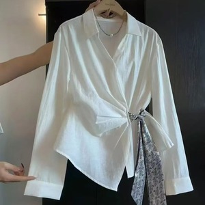 Chemise à manches longues bleu clair pour femme avec ceinture, chemisier en popeline uni, style bureau, vêtements printemps-été - Product Image 4