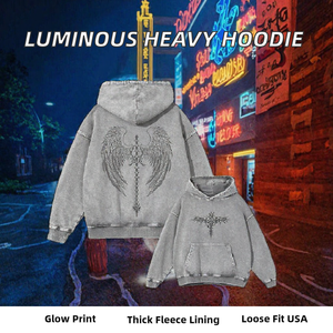 Sweat-shirt unisexe gris délavé style gothique avec imprimé ailes d'ange et croix, poche kangourou, coupe ample, streetwear - Product Image 2