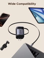 Nexode UGREEN 100W GaN USB C Pengisi Daya Retractable dengan Kabel Terintegrasi 75cm 3 Port Pengisian Cepat Adaptor Pengisi Daya Dinding untuk Laptop
