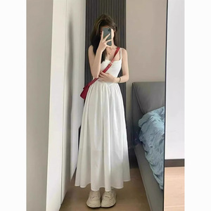 White Spaghetti Strap Dress Empire Waist Solid Color Casual Long Dress For Women Summer Beach Wear - Product Image 3