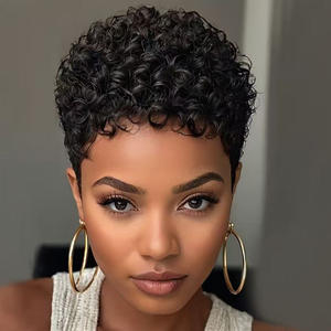 Perruques en <span class=keywords><strong>cheveux</strong></span> humains naturels 100% avec <span class=keywords><strong>coupe</strong></span> pixie bouclée 13x4 HD Lace Front pour femmes noires, perruques Jamila sans colle, noir naturel - Product Image 1