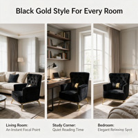 Fauteuil d'appoint moderne de luxe en velours noir, capitonné losanges, dossier haut, pieds dorés, pour salon
