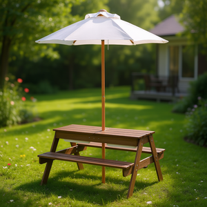 Table de pique-nique en bois avec banc et parasol, ensemble de jardin durable pour l'extérieur, style rustique en bois massif, 4 places - Product Image 2