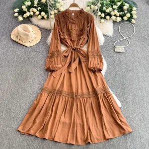 Vestido de noche de línea A de <span class=keywords><strong>moda</strong></span> coreana Vintage para <span class=keywords><strong>mujer</strong></span> Sexy dulce comestible árbol <span class=keywords><strong>hongo</strong></span> encaje botón manga larga drapeado sólido playa - Product Image 6