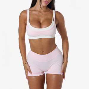 Soutien-gorge de <span class=keywords><strong>sport</strong></span> double couche contrastant pour femme, le plus vendu, avec bretelles réglables, respirant, pour yoga et fitness, ensemble court personnalisé - Product Image 1