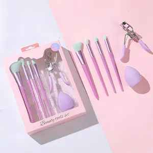 6 Pcs Make Up Tools Kit Loose Powder Puff Pink Makeup Brush And Sponge Set Cosmetics Purple Blender Eyelash Curler Brushes Set
