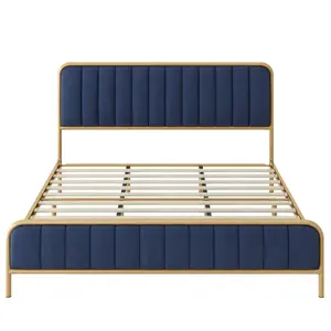 Simple Design Competitive Price Navy Blue Channel Tufting Upholstered Bed Single Double Metal Bed Frame