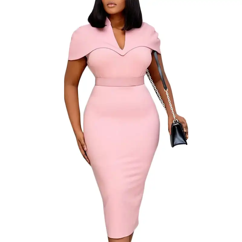 Vrouwen Roze Jurken Korte Mouw Bodycon Potlood Elegant Office Lady Classy Jurk Slanke Vestido Afrikaanse Grote Maat Modest Vrouwelijke