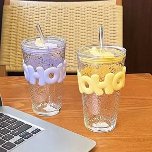 Vente flash : Tasse à café en <span class=keywords><strong>verre</strong></span> de 450 ml avec paille, anti-brûlure, avec manchon à lettres, <span class=keywords><strong>double</strong></span> paroi, <span class=keywords><strong>verre</strong></span> à eau, lait, jus, thé, café - Product Image 4