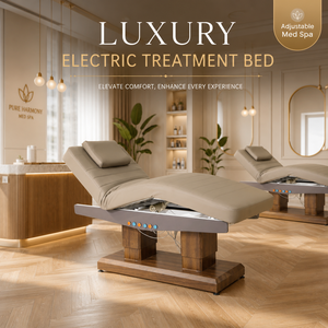 Table de soin électrique réglable beige en cuir matelassé avec poteaux en bois pour spa, massage, soins du visage et salon, commande à 6 boutons - Product Image 1