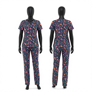 Conjunto de Uniforme Médico Blackhardson de Primera Calidad, Poliéster Dobby Estampado, 170 GSM, Azul Marino Floral, Blusa con Cuello en V y Pantalones Rectos, Personalizado - Product Image 1